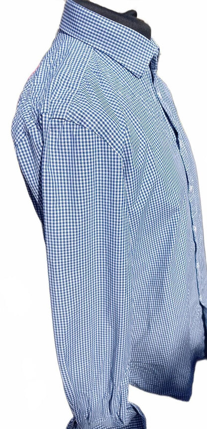 TM Lewin Fitted Dress Shirt 17 34.5 Blue White Gingham Check Cotton 23 P2P VGC