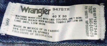 Wrangler 947STR Jeans Men’s 40x30 Stretch Straight Leg Blue Denim