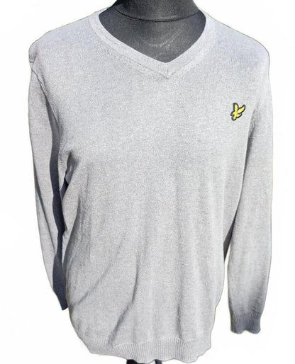 Lyle & Scott Men’s Grey V‑Neck Jumper Large – Embroidered Eagle Logo