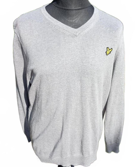 Lyle & Scott Men’s Grey V‑Neck Jumper Large – Embroidered Eagle Logo
