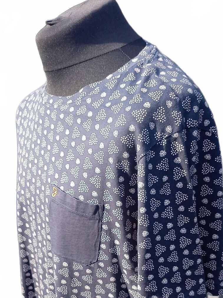 Men's Navy Blue Patterned Farah T-Shirt with Chest Pocket - XL 23" P2P