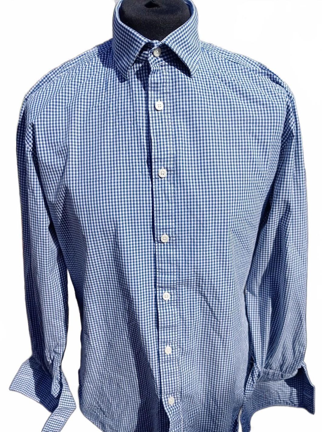 TM Lewin Fitted Dress Shirt 17 34.5 Blue White Gingham Check Cotton 23 P2P VGC