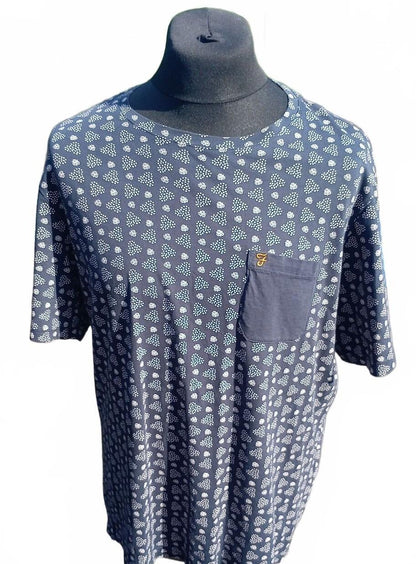 Men's Navy Blue Patterned Farah T-Shirt with Chest Pocket - XL 23" P2P