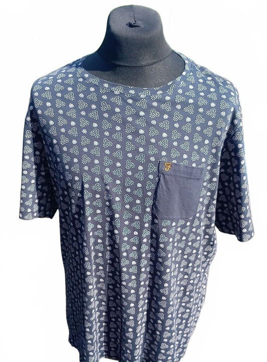 Men's Navy Blue Patterned Farah T-Shirt with Chest Pocket - XL 23" P2P