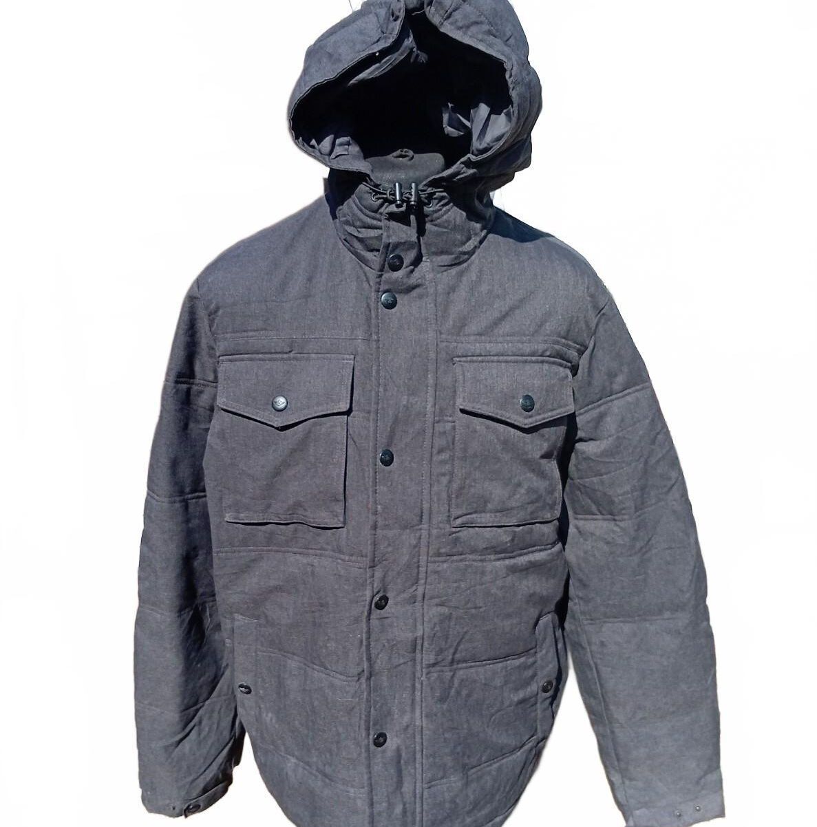 Vintage Dockers Mens Hooded Winter Grey Herringbone Padded Parka Coat XL 25" P2P