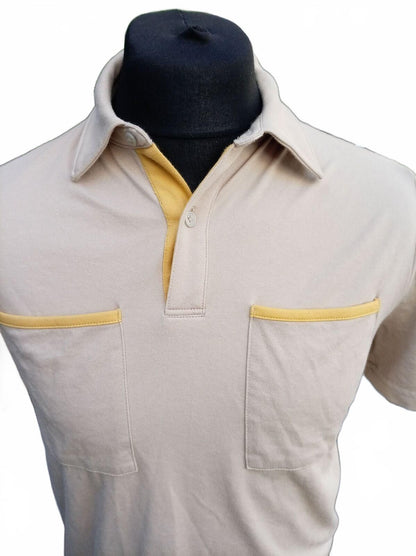 DKNY Polo Shirt – Beige with Yellow Trim – Size S – Smart Casual – Preloved
