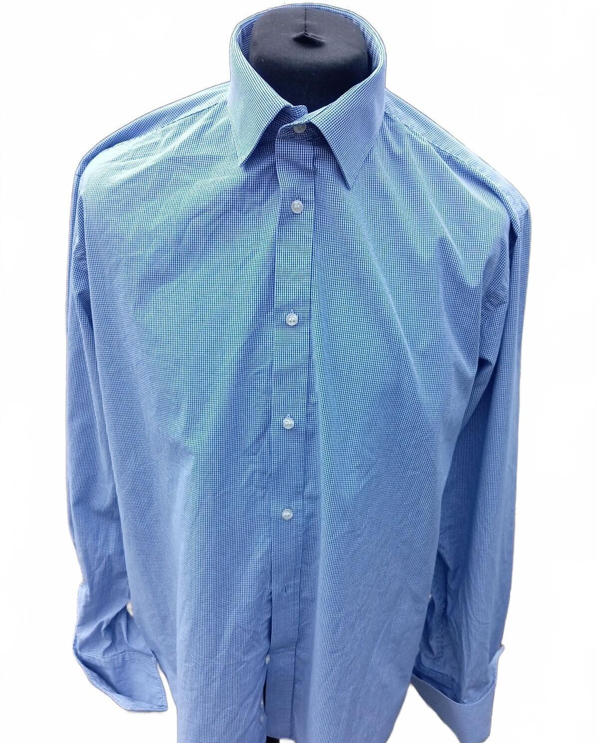 Moss Esq Regular Fit Shirt 17.5 Neck 24 P2P Blue Gingham Cuff-Link Spotless