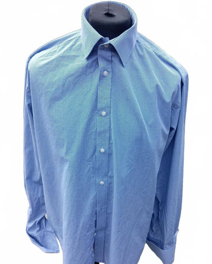 Moss Esq Regular Fit Shirt 17.5 Neck 24 P2P Blue Gingham Cuff-Link Spotless