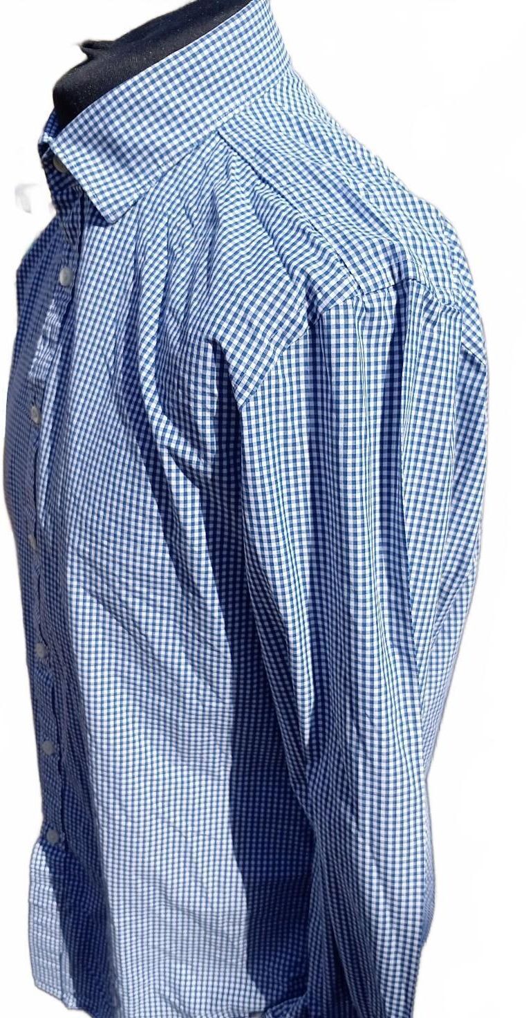 TM Lewin Fitted Dress Shirt 17 34.5 Blue White Gingham Check Cotton 23 P2P VGC