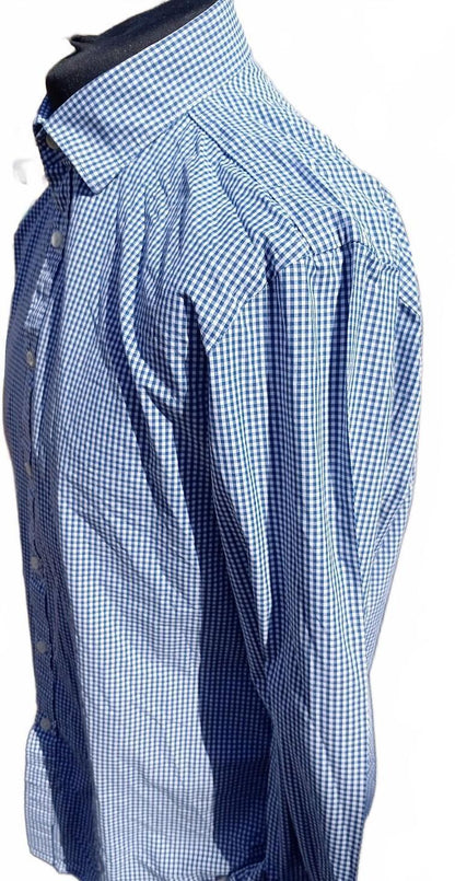 TM Lewin Fitted Dress Shirt 17 34.5 Blue White Gingham Check Cotton 23 P2P VGC