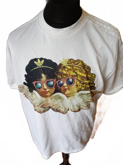Adidas White Graphic T-Shirt with Angel Design and Side Stripe Detail - Size 10