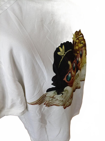 Adidas White Graphic T-Shirt with Angel Design and Side Stripe Detail - Size 10