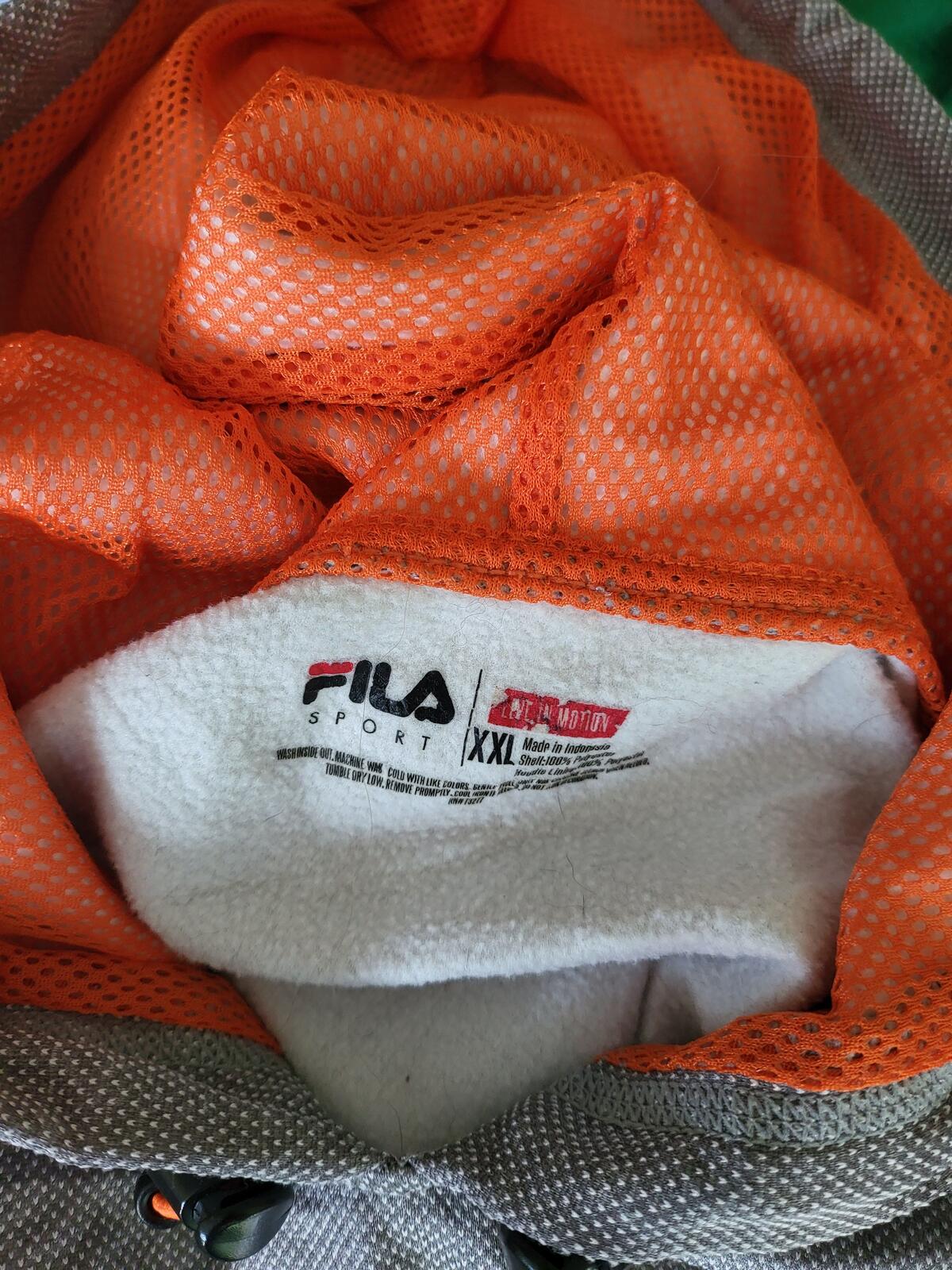 FILA Men’s XXL Grey Hoodie - Orange Contrast - Lightweight Tech Fleece