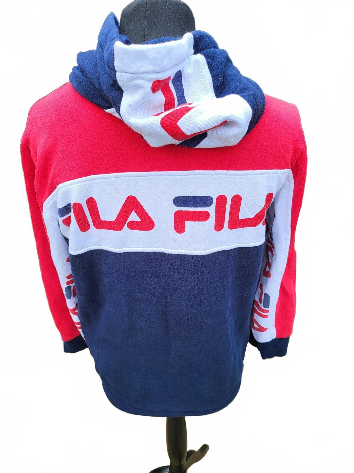 FILA Retro Colour block Hoodie Red White Navy - Multi Logo Sleeves - Medium