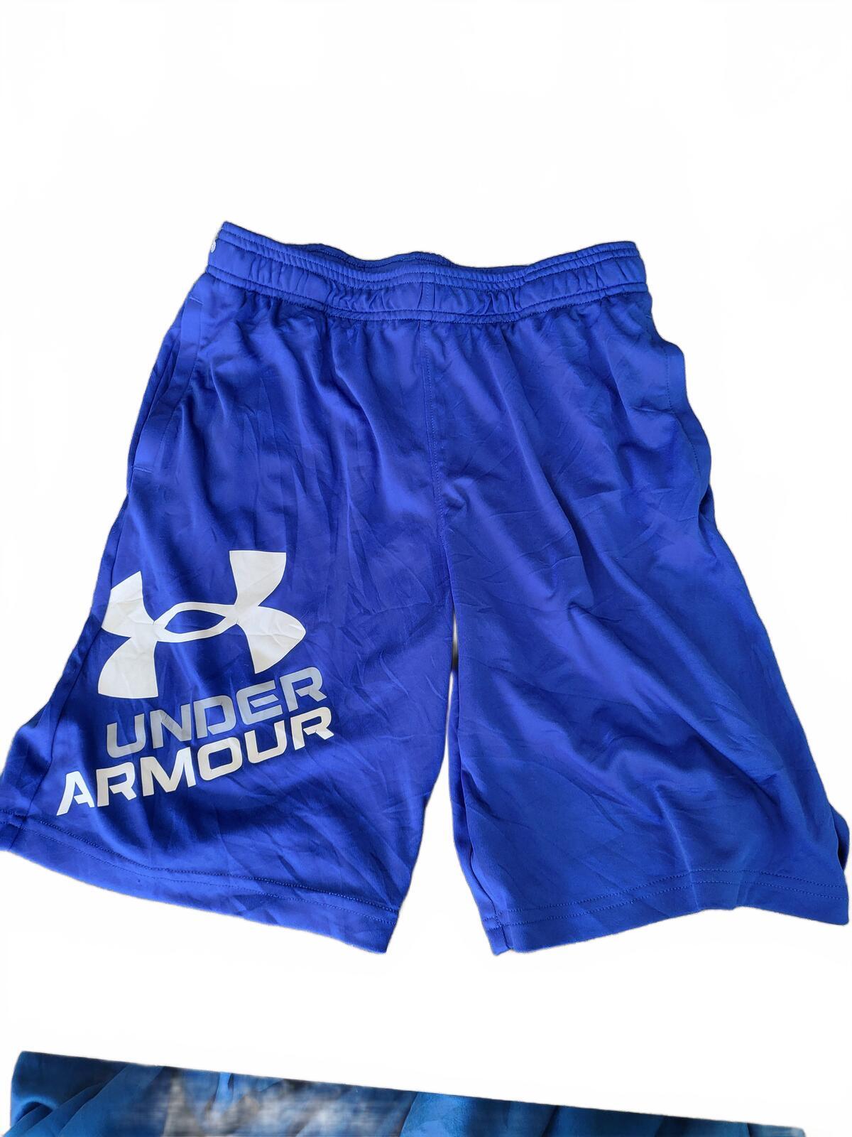 Under Armour Shorts Boys YLG Youth Large Blue Big Logo Gym Training Football