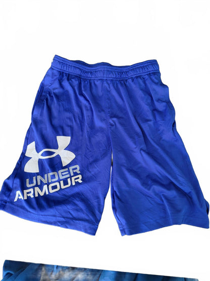 Under Armour Shorts Boys YLG Youth Large Blue Big Logo Gym Training Football