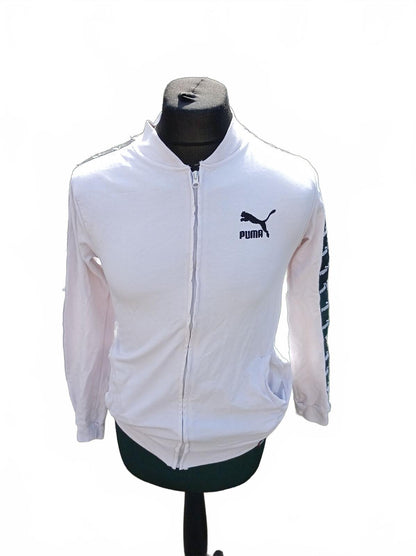 Puma Track Jacket Womens Small White Full Zip Bomber Sweatshirt Logo Tape Sleeve
