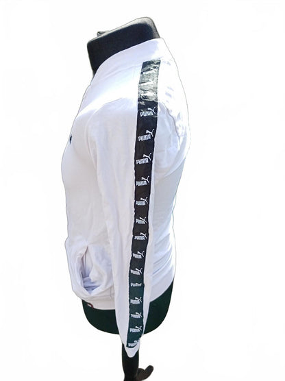 Puma Track Jacket Womens Small White Full Zip Bomber Sweatshirt Logo Tape Sleeve
