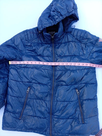 GUESS Men's Hooded Puffer Jacket - Blue Quilted Insulated - Large L PTP 23.5"