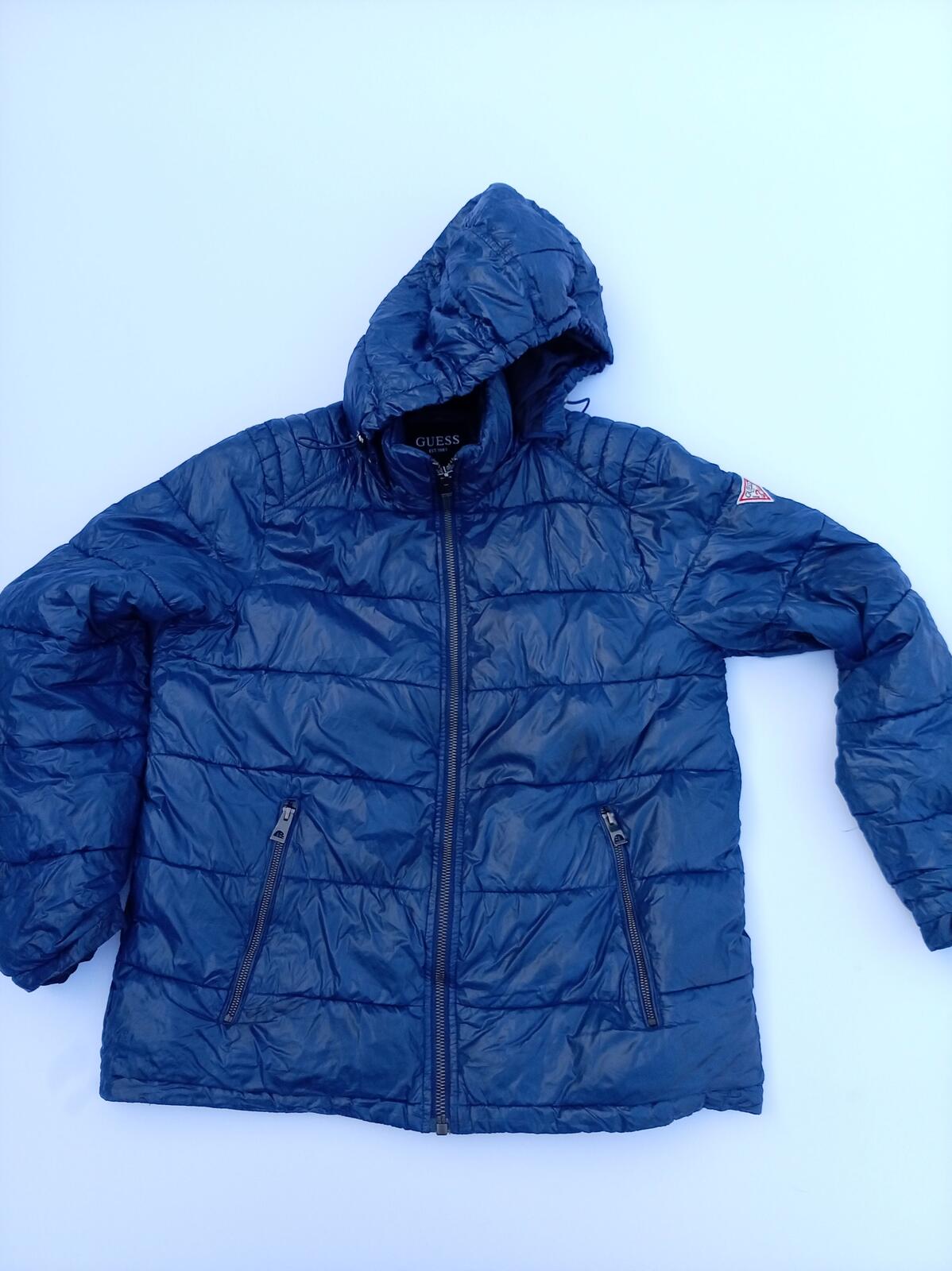 GUESS Men's Hooded Puffer Jacket - Blue Quilted Insulated - Large L PTP 23.5"
