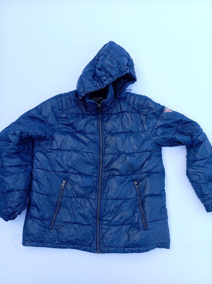 GUESS Men's Hooded Puffer Jacket - Blue Quilted Insulated - Large L PTP 23.5"