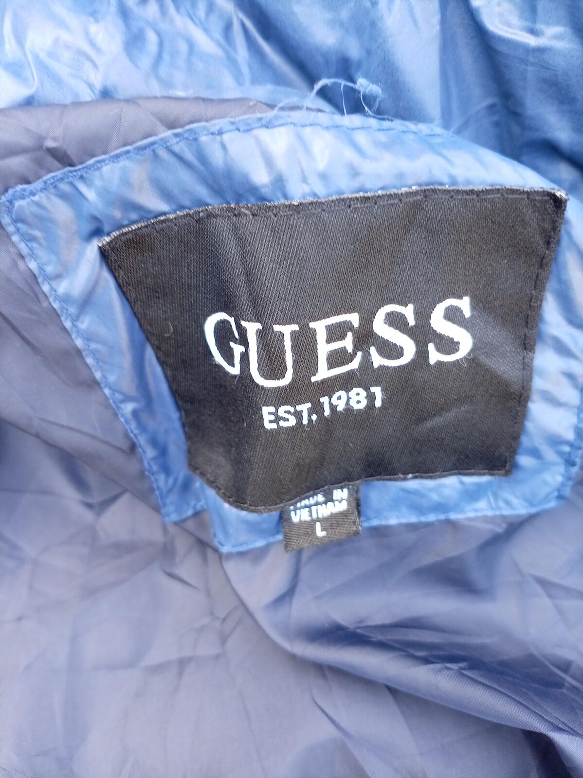 GUESS Men's Hooded Puffer Jacket - Blue Quilted Insulated - Large L PTP 23.5"