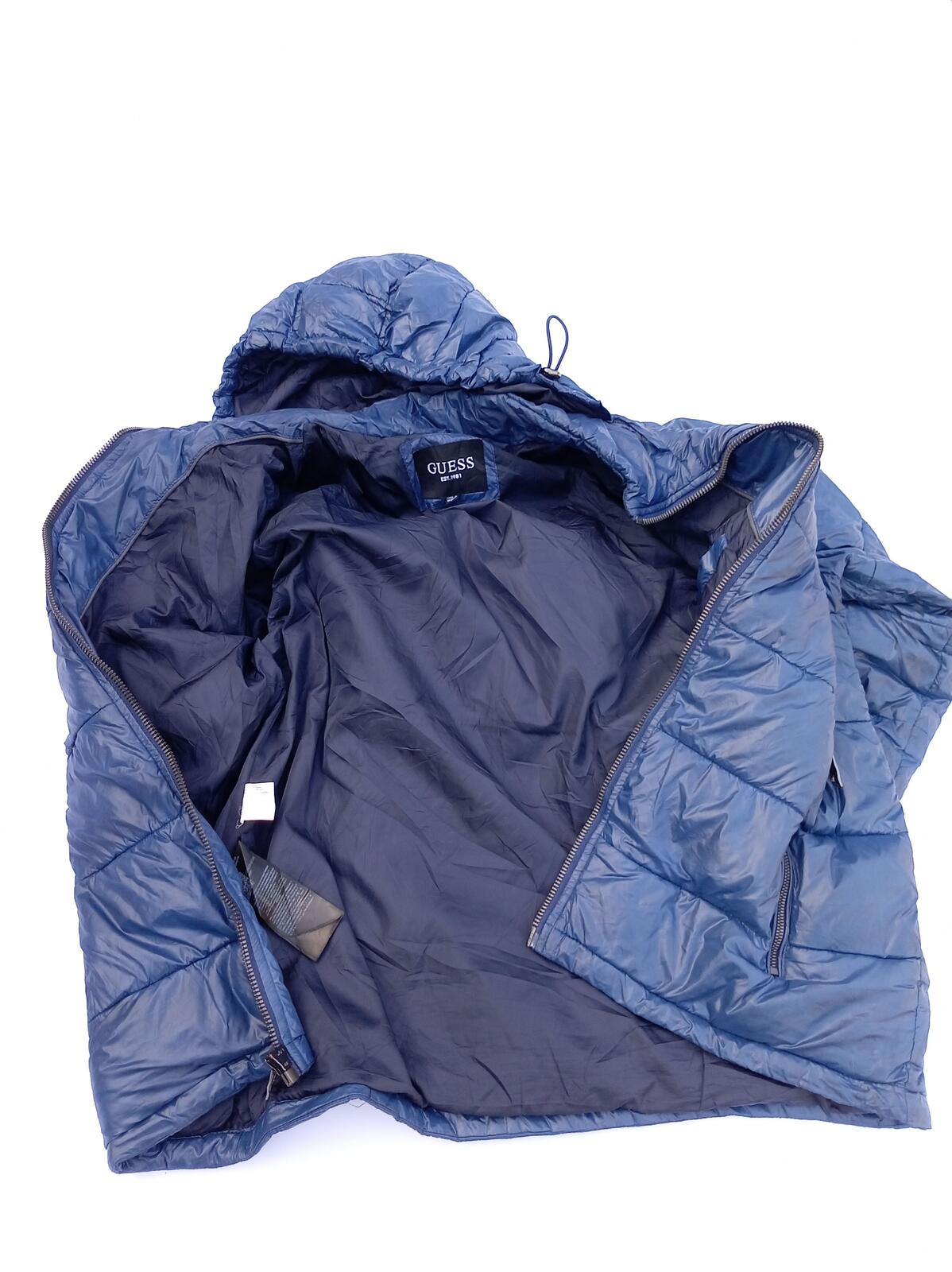 GUESS Men's Hooded Puffer Jacket - Blue Quilted Insulated - Large L PTP 23.5"