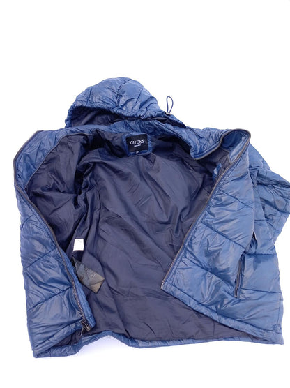 GUESS Men's Hooded Puffer Jacket - Blue Quilted Insulated - Large L PTP 23.5"