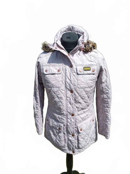 Barbour International Women's Quilted Jacket Lilac Hooded UK 12 (18" Pit to Pit)