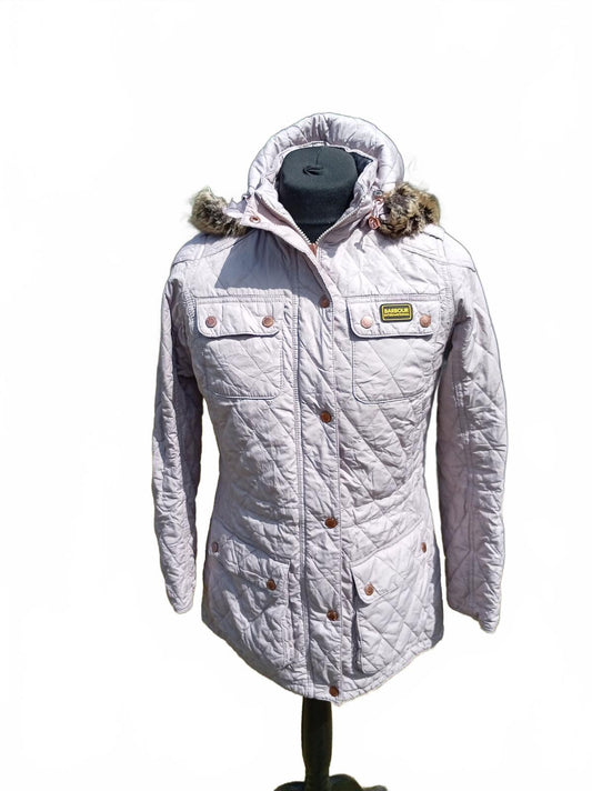 Barbour International Women's Quilted Jacket Lilac Hooded UK 12 (18" Pit to Pit)