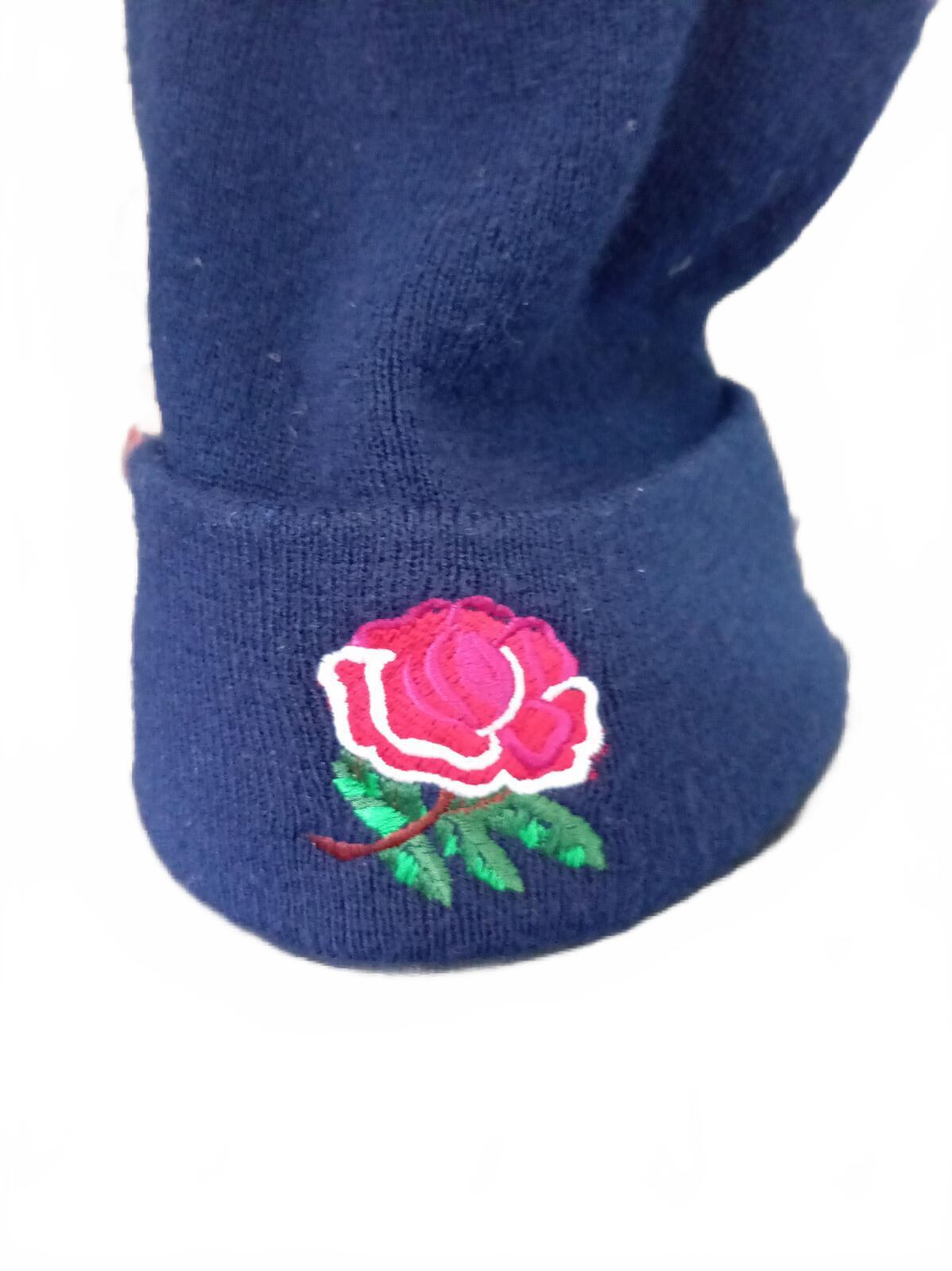 Vintage 90s England Rugby Rose Beanie Hat Made in UK Navy