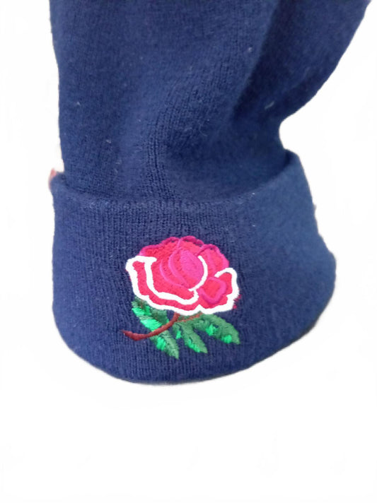 Vintage 90s England Rugby Rose Beanie Hat Made in UK Navy
