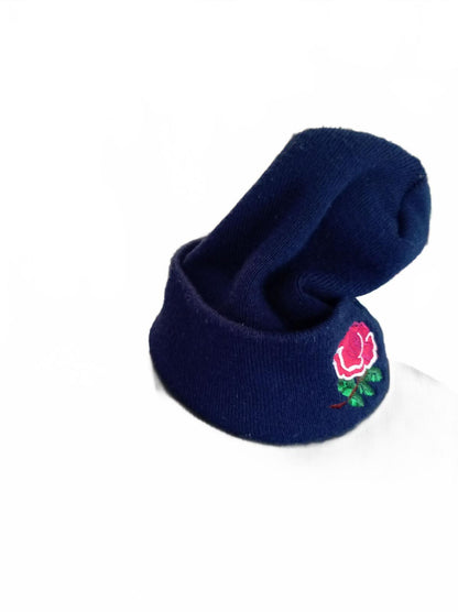 Vintage 90s England Rugby Rose Beanie Hat Made in UK Navy