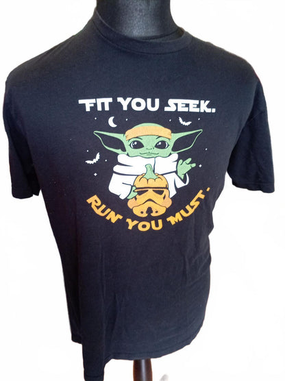Black Graphic T-Shirt with Baby Yoda and Stormtrooper Design - Medium
