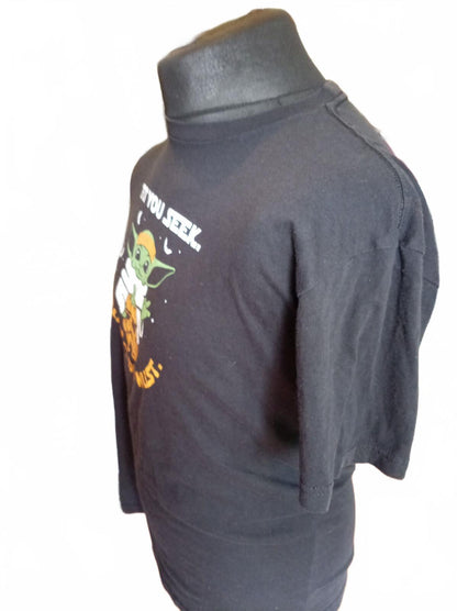 Black Graphic T-Shirt with Baby Yoda and Stormtrooper Design - Medium