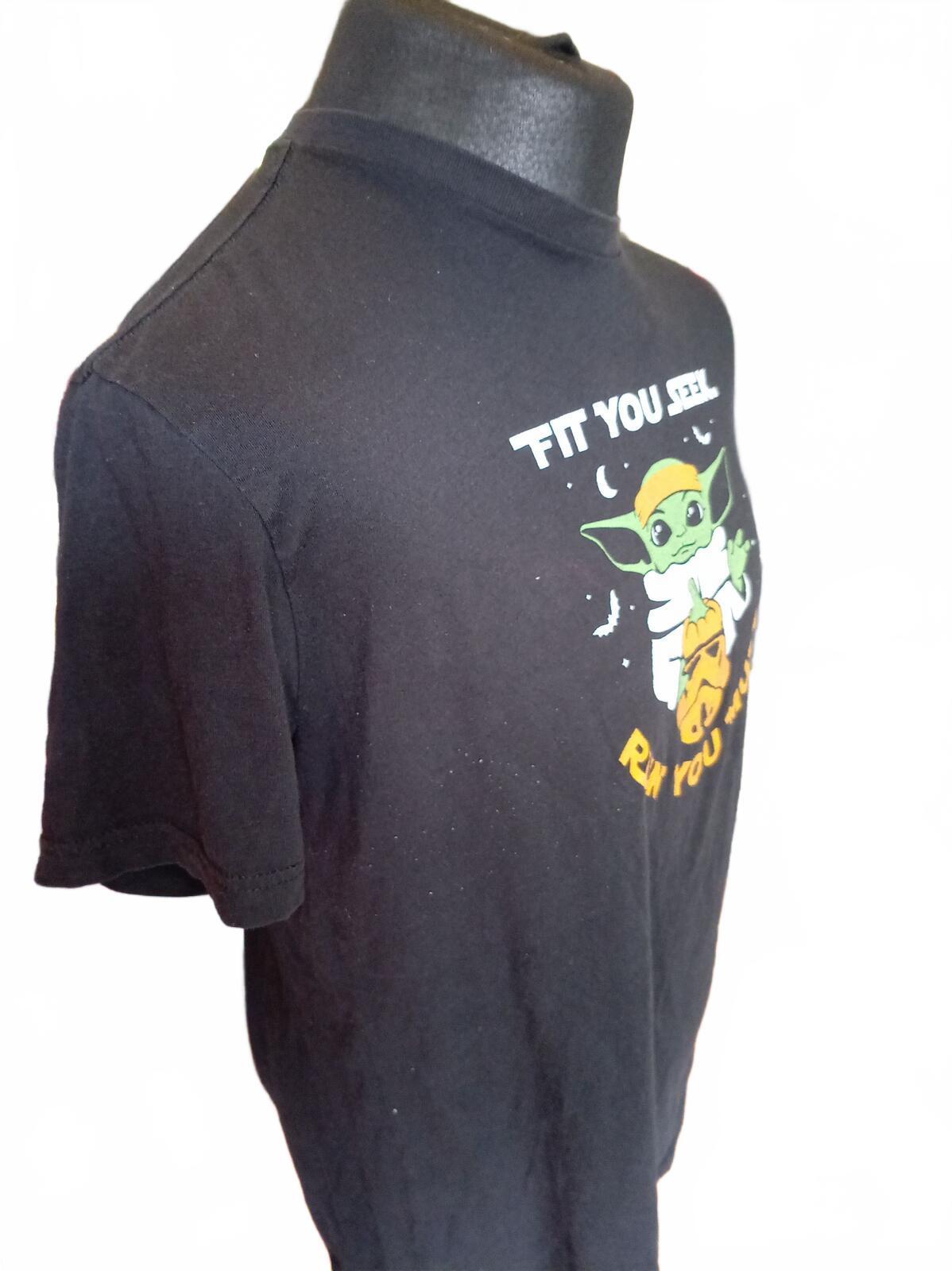 Black Graphic T-Shirt with Baby Yoda and Stormtrooper Design - Medium