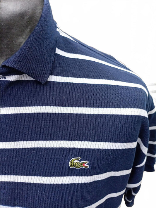Lacoste Sport Mens Polo Shirt Medium Size 4 Navy Blue White Striped Piqué