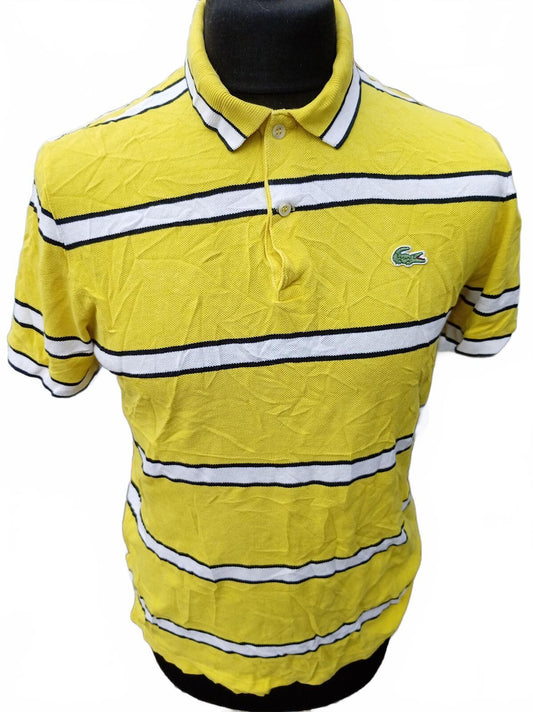 Lacoste Mens Polo Shirt Large Size 5 Yellow Blue White Striped Piqué