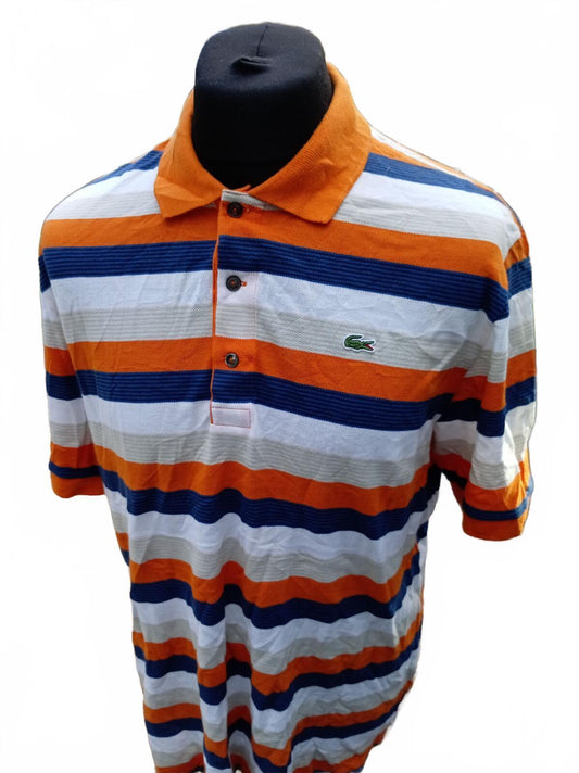 Lacoste Men’s Striped Polo Shirt Orange Blue White Size 7 XXL 2XL Short Sleeve