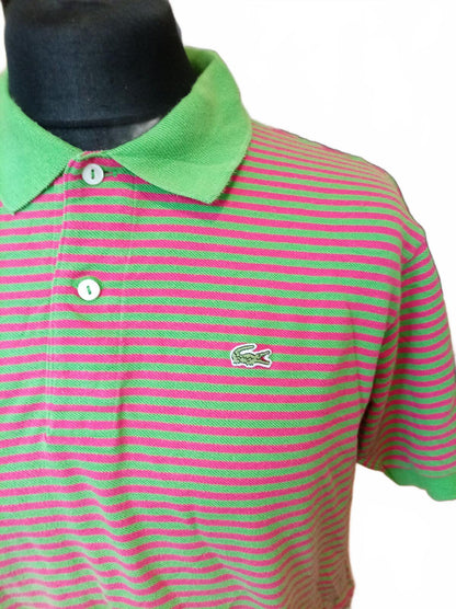 Lacoste Men's Polo Shirt Size 6 XL Extra Large Green Pink Striped Pique Vintage
