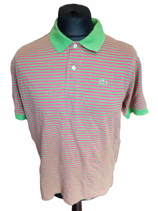 Lacoste Men's Polo Shirt Size 6 XL Extra Large Green Pink Striped Pique Vintage