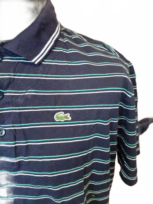 Lacoste Navy Stripe Short Sleeve Polo Shirt - Size 7 - XXL