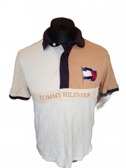 Tommy Hilfiger Men's Polo Medium M Vintage Colourblock big Flag Logo Beige