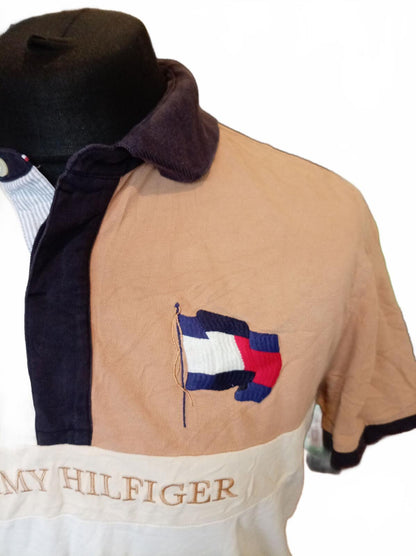 Tommy Hilfiger Men's Polo Medium M Vintage Colourblock big Flag Logo Beige