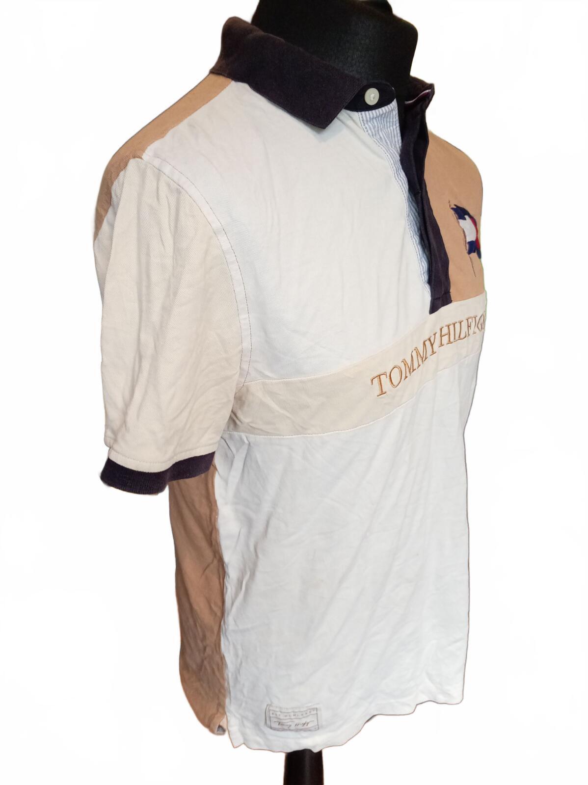 Tommy Hilfiger Men's Polo Medium M Vintage Colourblock big Flag Logo Beige