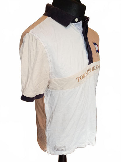 Tommy Hilfiger Men's Polo Medium M Vintage Colourblock big Flag Logo Beige