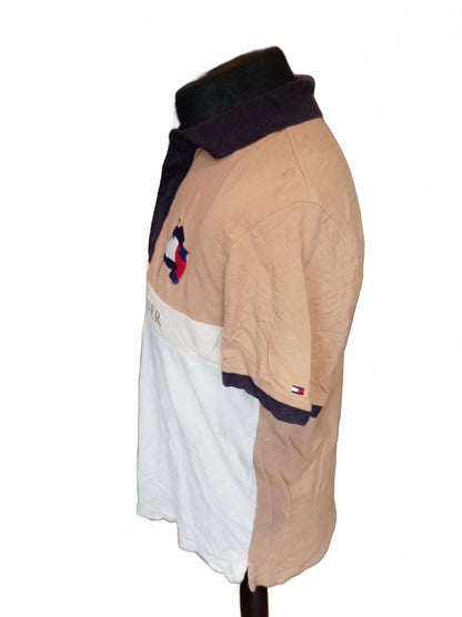 Tommy Hilfiger Men's Polo Medium M Vintage Colourblock big Flag Logo Beige