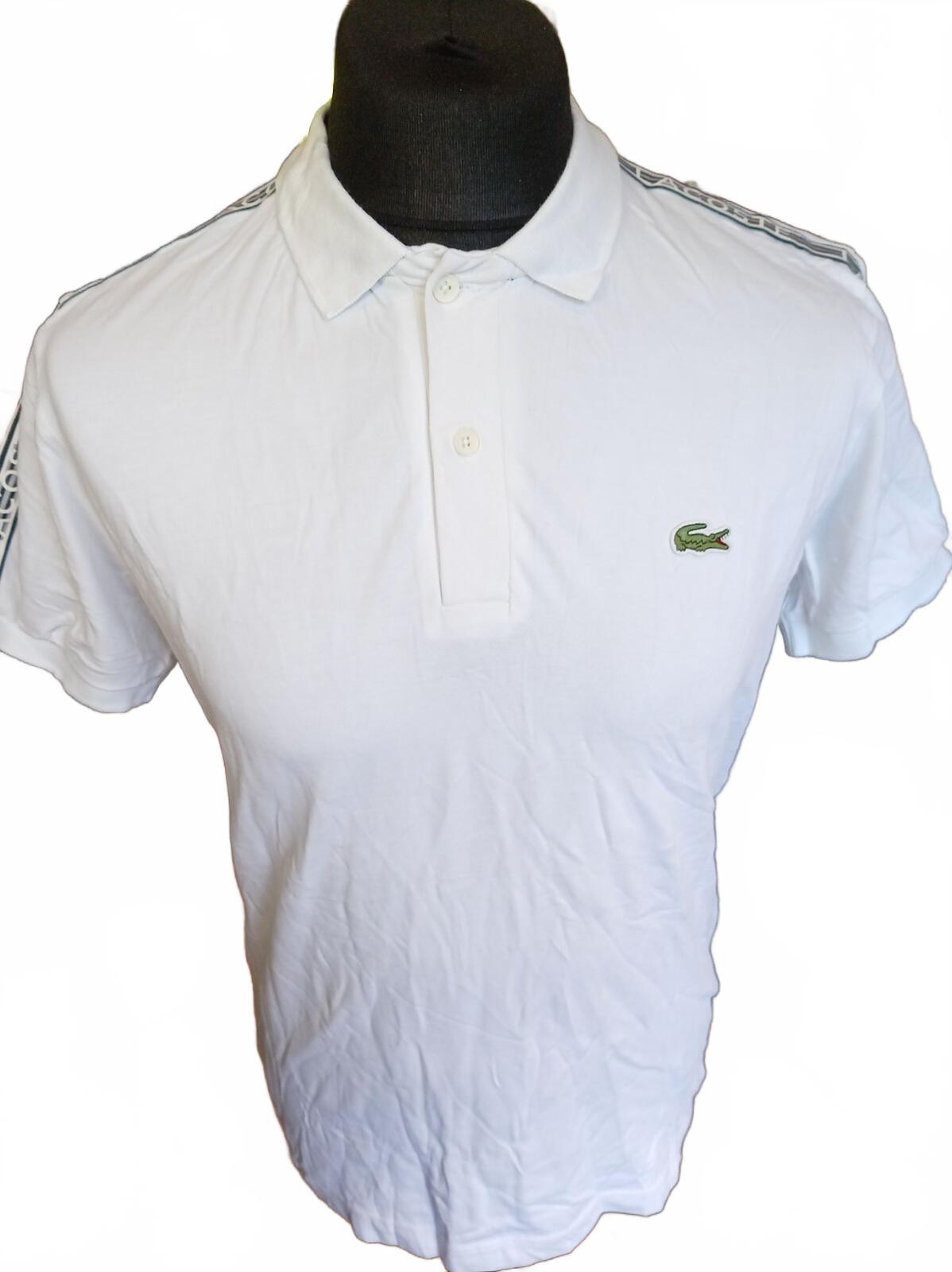 Lacoste White Polo Shirt with Logo Tape Trim - Size 4 - Medium