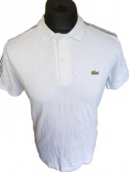 Lacoste White Polo Shirt with Logo Tape Trim - Size 4 - Medium