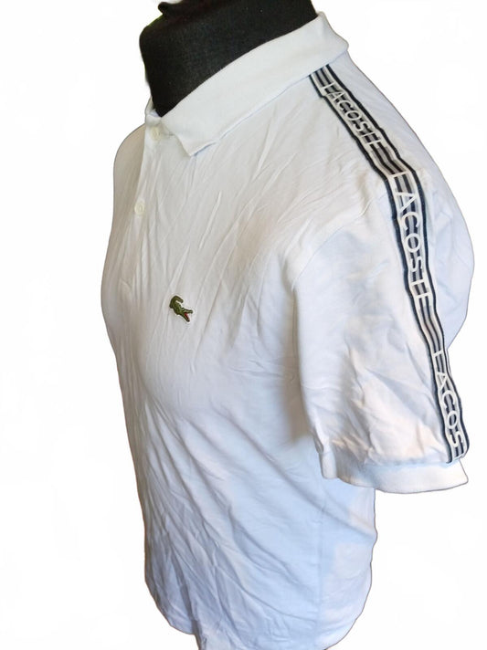 Lacoste White Polo Shirt with Logo Tape Trim - Size 4 - Medium